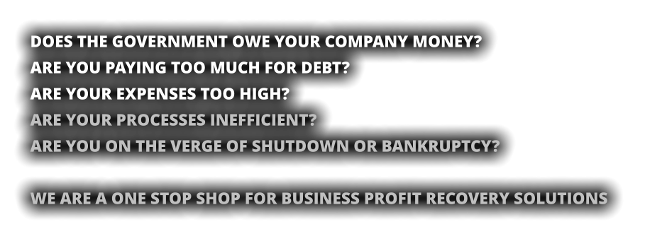DOES THE GOVERNMENT OWE YOUR COMPANY MONEY? ARE YOU PAYING TOO MUCH FOR DEBT? ARE YOUR EXPENSES TOO HIGH? ARE YOUR PROCESSES INEFFICIENT? ARE YOU ON THE VERGE OF SHUTDOWN OR BANKRUPTCY?  WE ARE A ONE STOP SHOP FOR BUSINESS PROFIT RECOVERY SOLUTIONS
